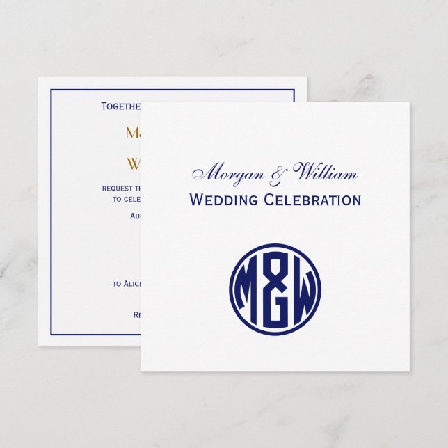 White Navy Circle Monogram Font DIY BG Invitation (Front/Back)