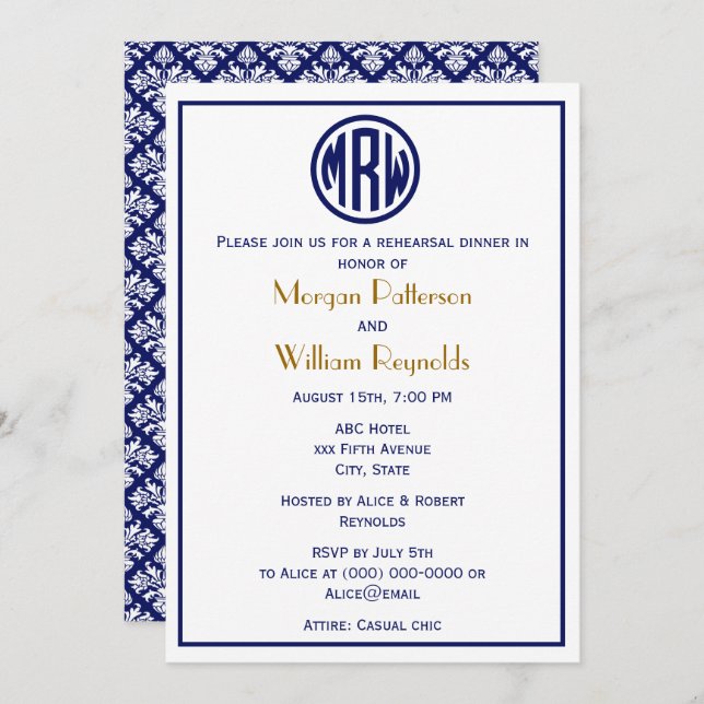 White Navy Circle Monogram Font DIY BG Invitation (Front/Back)