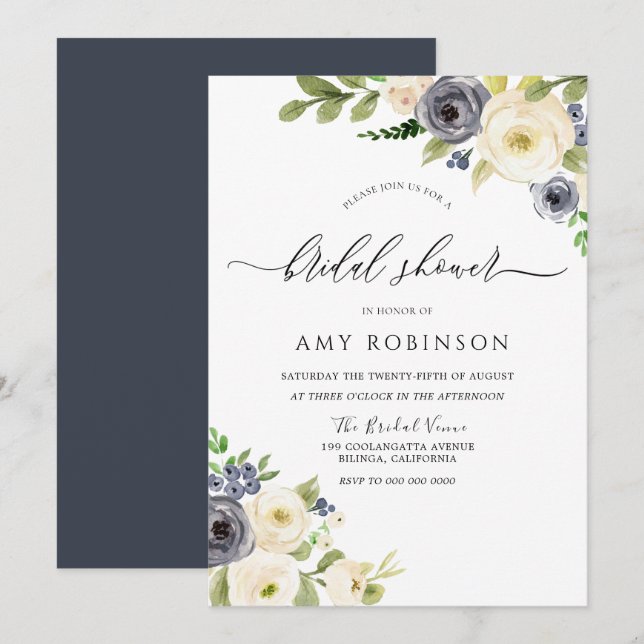 White & Navy Elegant Watercolor Bridal Shower Invitation (Front/Back)