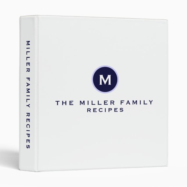 White & Navy Family Recipe Monogram Medallion Binder (Front/Spine)