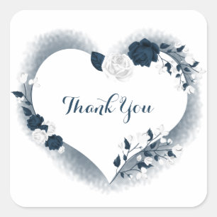 white & navy floral heart thank you square sticker