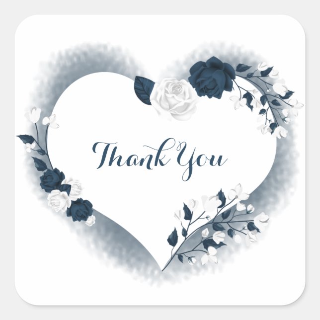 white & navy floral heart thank you square sticker (Front)