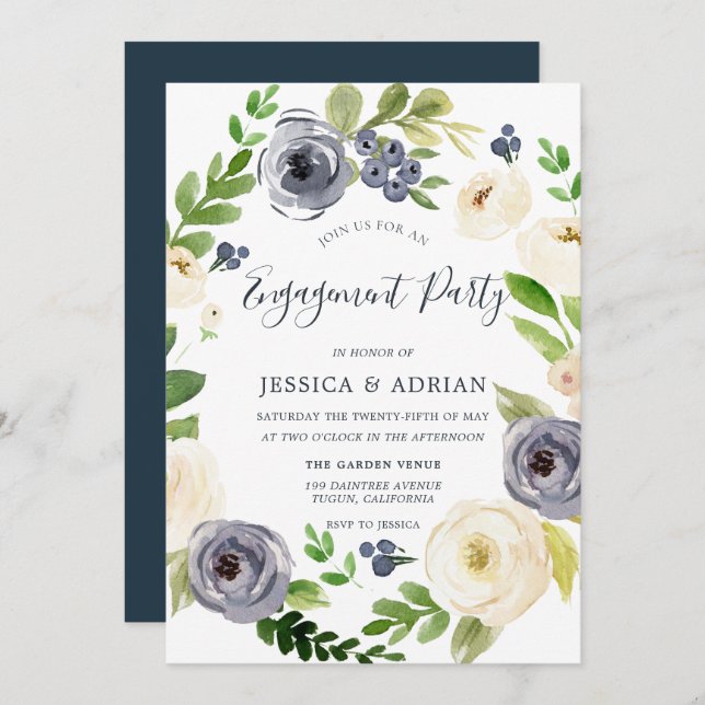 White & Navy Floral Wreath Engagement Party Invitation (Front/Back)