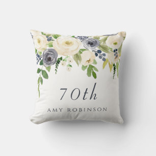 White & Navy Flowers Beautiful 70th Birthday Gift Throw Pillow