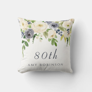 White & Navy Flowers Beautiful 80th Birthday Gift Throw Pillow