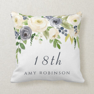White & Navy Flowers Girls 18th Birthday Gift Throw Pillow
