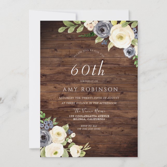 White & Navy Flowers Rustic 60th Birthday Party Invitation (Front)