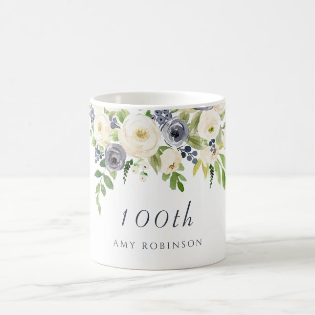 White & Navy Flowers Womans 100th Birthday Gift Coffee Mug (Center)