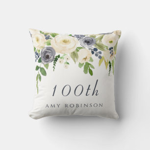 White & Navy Flowers womans 100th Birthday Gift Throw Pillow
