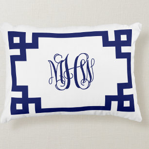 White Navy Greek Key Vine Script Monogram DIY BG Accent Pillow