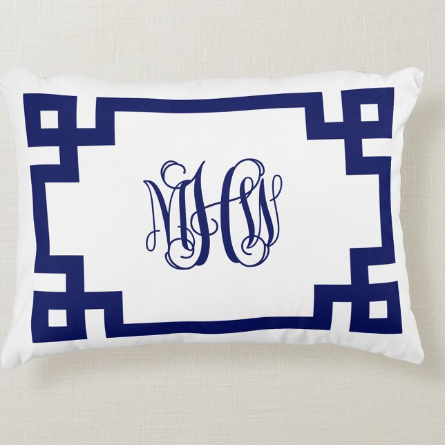 White Navy Greek Key Vine Script Monogram DIY BG Accent Pillow (Creator Uploaded)