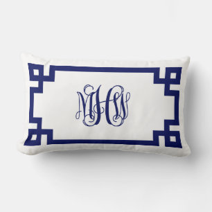 White Navy Greek Key Vine Script Monogram DIY BG Lumbar Pillow