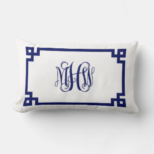 White Navy Greek Key Vine Script Monogram DIY BG Lumbar Pillow
