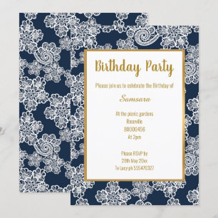 WHITE NAVY LACE GOLD TRIM ELEGANT BIRTHDAY white Invitation