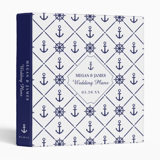 White & Navy Nautical Anchor Lighthouse Pattern Binder (Front/Spine)