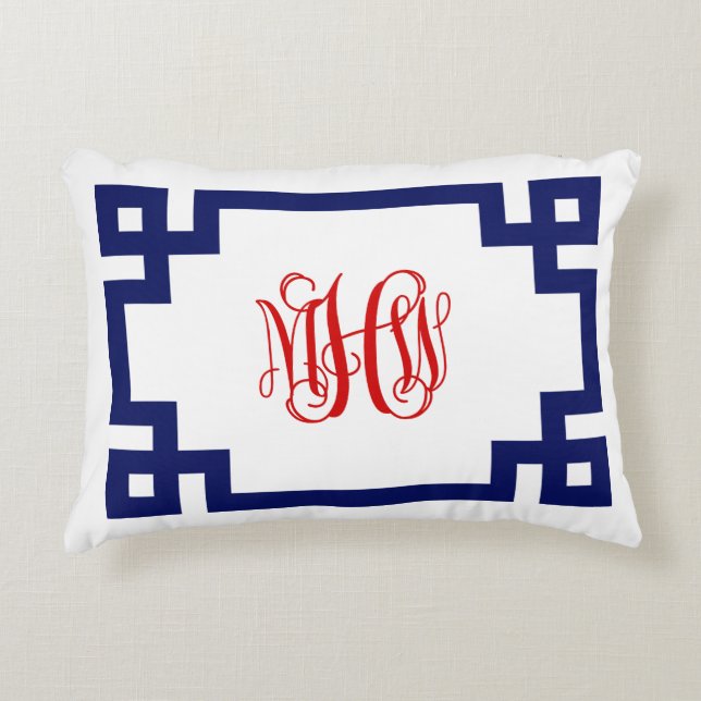 White Navy Red Greek Key Vine Monogram DIY BG Accent Pillow (Front)