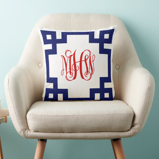 White Navy Red Greek Key Vine Monogram DIY BG Throw Pillow