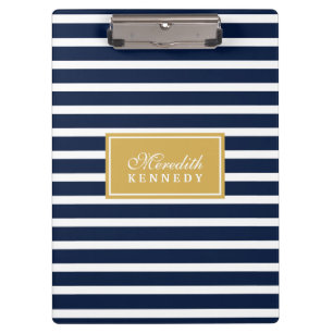 White Navy Stripe Pattern Gold Name Template Clipboard