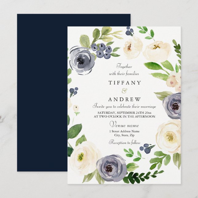 White & Navy Watercolor Floral Wreath Wedding Invitation (Front/Back)