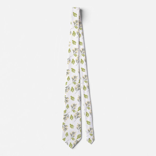White neck tie with green and yellow leaf pattern (Front)