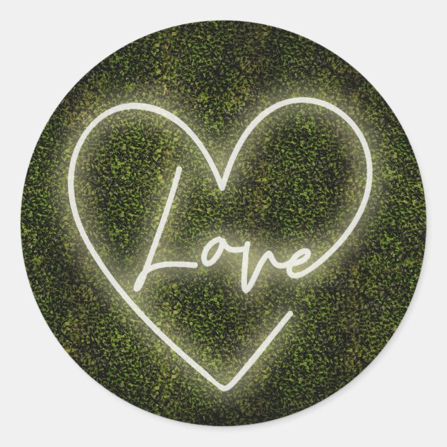 White Neon Boxwood Love Heart Wedding Classic Round Sticker (Front)