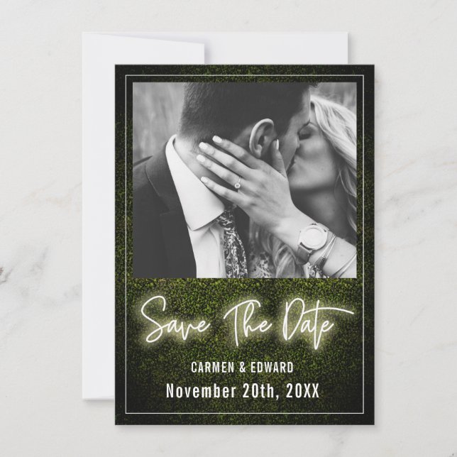 White Neon Boxwood Wedding Photo Save The Date (Front)