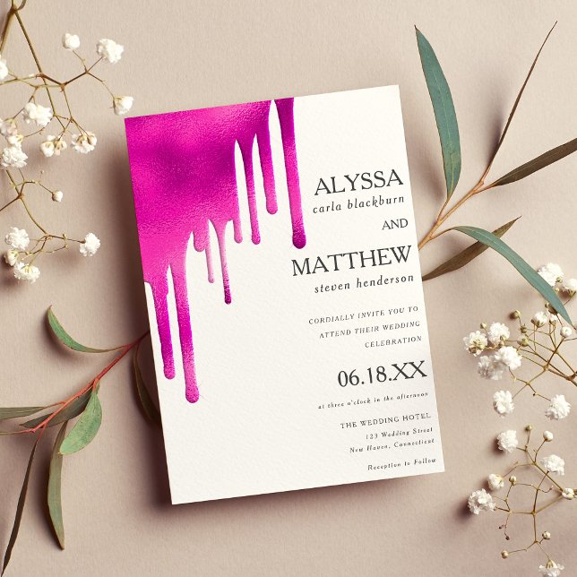 White neon pink watercolor gradient drips wedding  invitation (White neon pink watercolor gradient drips wedding)