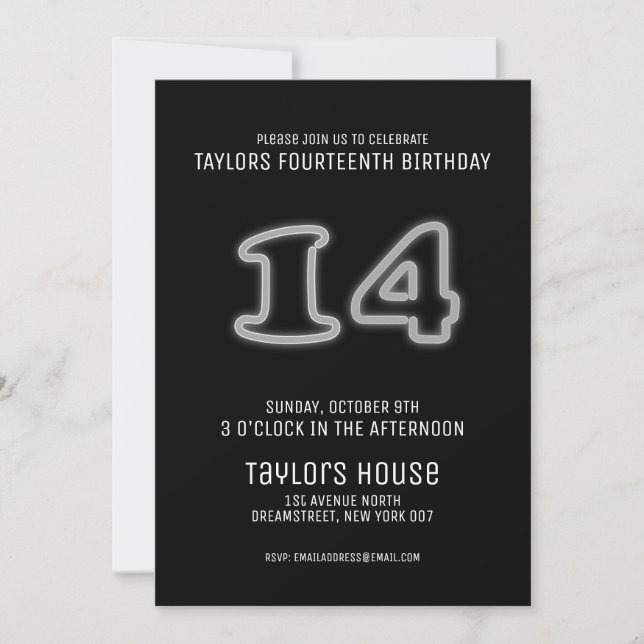 White Neon Sign 14th Trendy Birthday Party Invitation (Front)