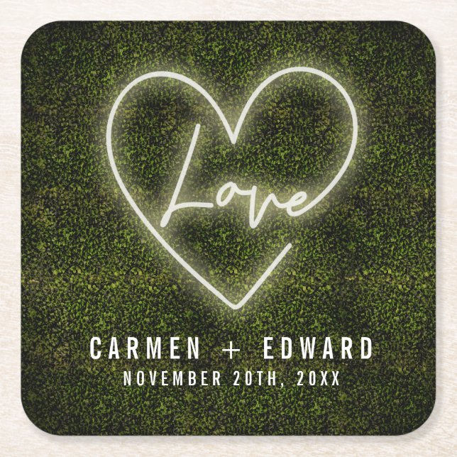 White Neon Sign Love Heart Wedding Square Paper Coaster (Front)