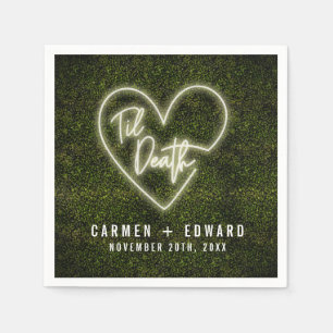White Neon Sign Til Death Heart Wedding Napkin