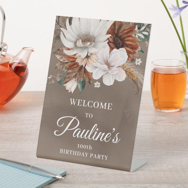 White Neutral Fall Flowers 100th Birthday Pedestal Sign (In SItu)