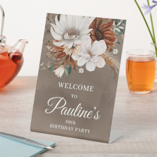 White Neutral Fall Flowers 60th Birthday Pedestal Sign