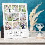 White Nine Photo Collage Family Name Calligraphy Plaque<br><div class="desc">Photo Plaque with 9 square photos arranged in a grid layout. You can also add your family name in a stylish calligraphy font and the year established. Perfect for wedding gifts, family keepsakes, etc. Personalize this by replacing the placeholder text in the template to add your information and replace the...</div>