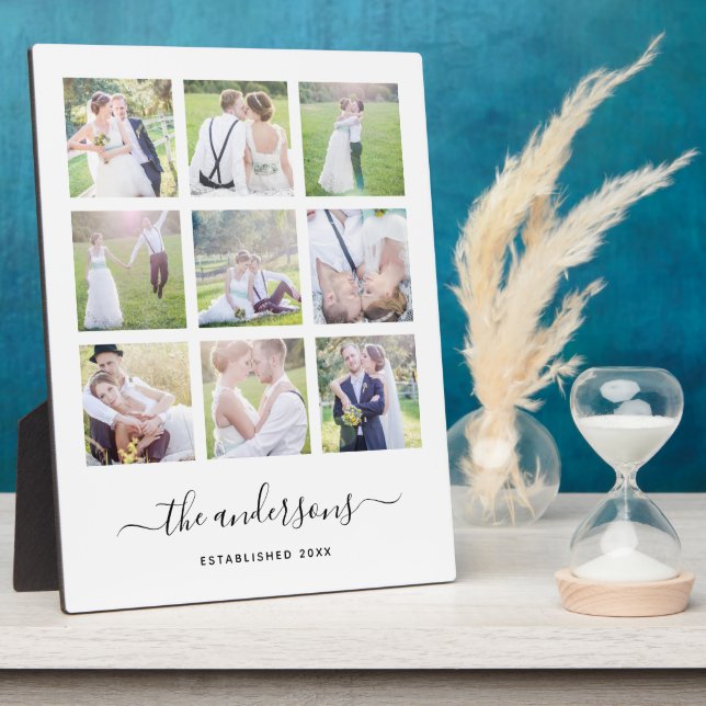 White Nine Photo Collage Family Name Calligraphy Plaque (Side)