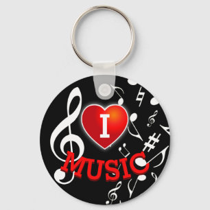 (WHITE NOTES) I Love (Heart) Music Keychain