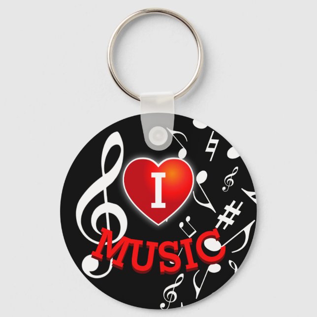 (WHITE NOTES) I Love (Heart) Music Keychain (Front)