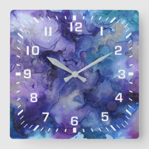 White Numbers / Modern Purple, Blue, Gold Abstract Square Wall Clock