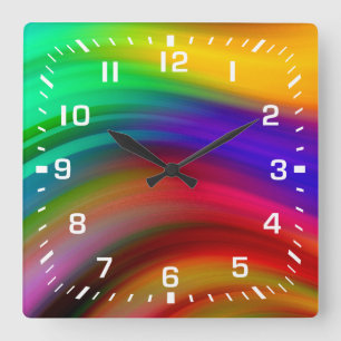 White Numbers / Rainbow Wave Stripes Square Wall Clock
