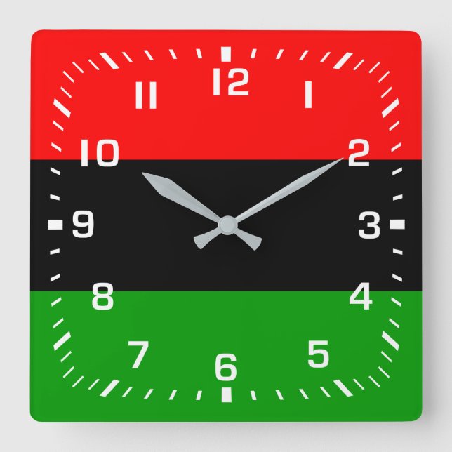 White Numbers / Red, Black, Green Pan African Flag Square Wall Clock (Front)
