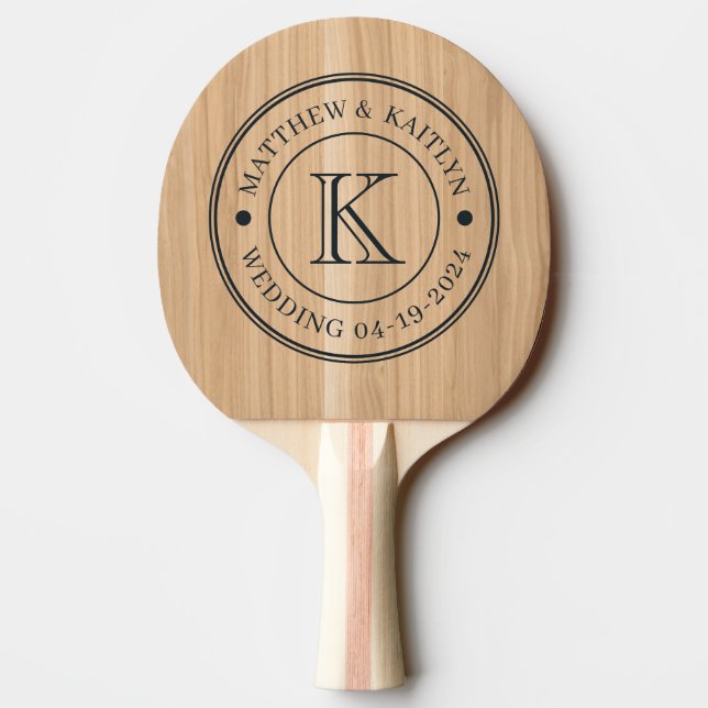 White Oak Wood Wedding Monogram Ping Pong Paddle (Back)