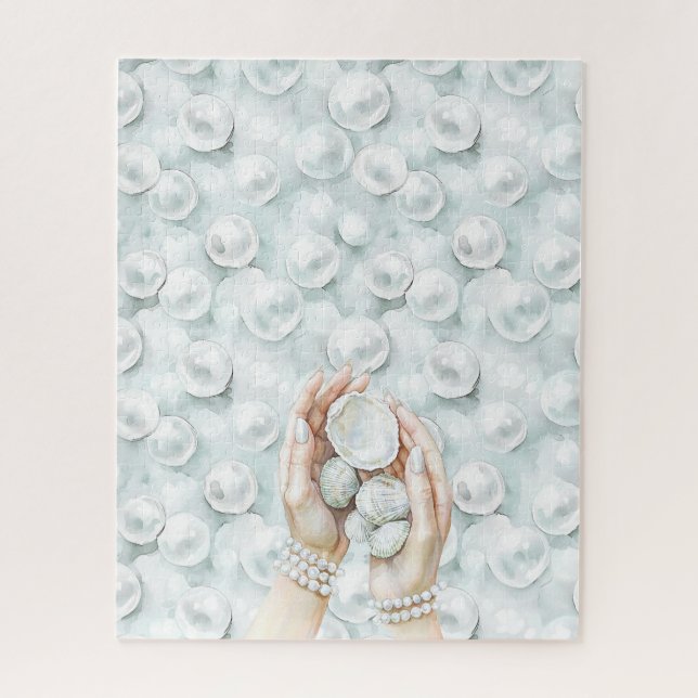White Ocean Seafoam Blue Shells Pearls Jigsaw Puzzle (Vertical)