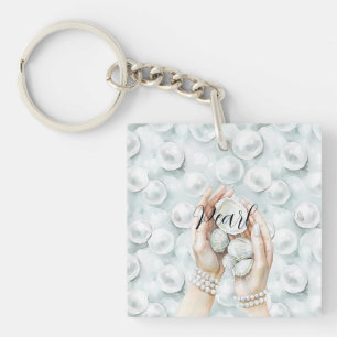 White Ocean Seafoam Blue Shells Pearls Keychain