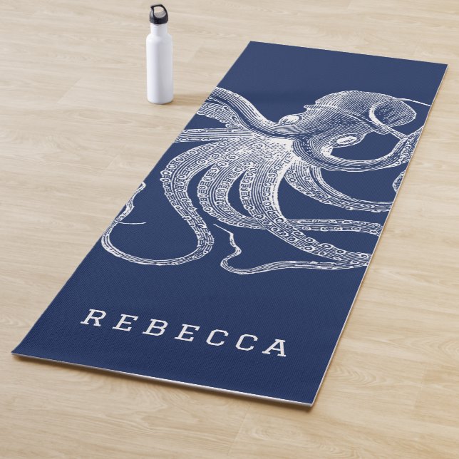 White Octopus Illustration On Navy Blue Yoga Mat (In Situ)