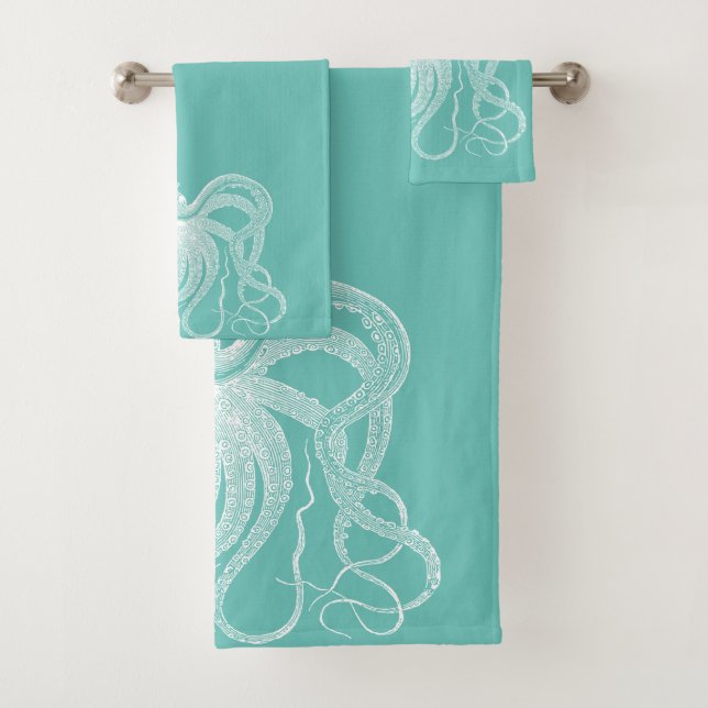 White octopus nautical illustration on blue-green bath towel set (Insitu)
