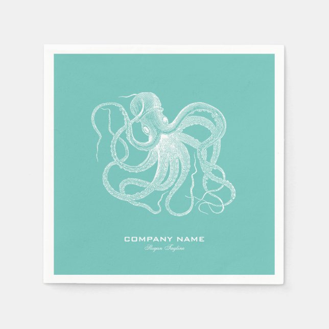 White octopus nautical illustration on blue-green napkin (Front)