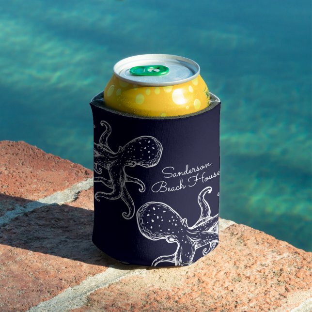 White Octopus navy blue nautical  Can Cooler (In Situ Pool)