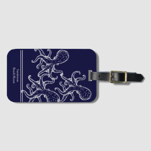 White Octopus navy blue nautical ocean coastal Luggage Tag