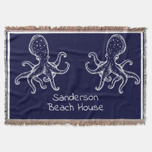 White Octopus navy blue nautical ocean coastal  Throw Blanket