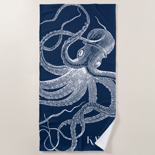White octopus on a blue background beach towel (Front)