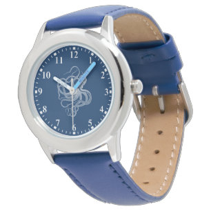 White octopus on dark blue watch